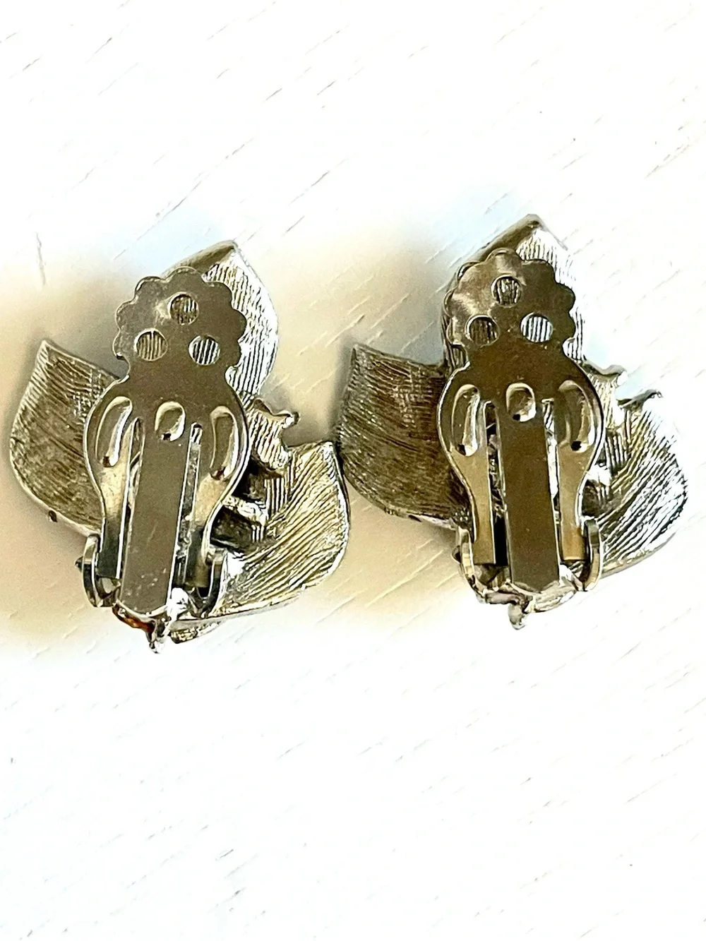 Vintage 1960s Blue Leaf Faux Pearl Cluster Clip Earrings Silver-Tone Floral MCM